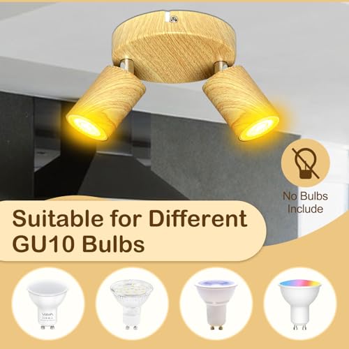 Image of 2 Light Track Lighting Fixtures for Ceiling LED Aluminum Wood Grain Spot Lights Indoor Round Chassis GU10 Base Lamp Rotatable Modern Ceiling Spotlight for Bedroom Kitchen Hallway (Bulb Not Included)