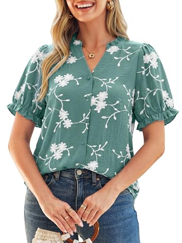 Simplee Womens Button Down Puff Ruffle Short Sleeve Blouse Tops V Neck Summer Embroidered Dressy Casual Shirts Sage Green XL