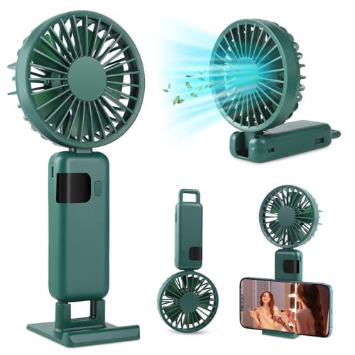 Huang Jia Ventilador Portátil de Pie Plegable Mini Ventilador de Mano USB Batería Recargable Silencioso Potente Pequeño Colgante Ventiladores de Mesa 5 Velocidades LED Viento Fuerte Hand Fan (Verde)