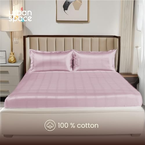 Image of Urban Space 100% Cotton 300TC Jacquard Fitted bedsheets for King Size Bed, Pure Cotton Bedsheet King Bed, Checks Fitted bedsheet King Size with 2 Pillow Covers (72 x 78 Inches, Pink Checks)