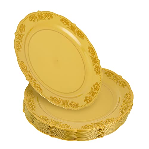 Stackables Lot de 20 assiettes en plastique rigide et léger - Réutilisables et multi-usage - pour mariages, fêtes, restauration et pique-nique (dorées, 19 cm) Cover