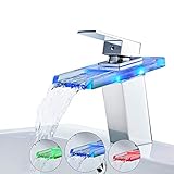 FChome LED Modern Glass Faucet, RBG 3 Colors Changing Light Waterfall Spout Single Hand Single Hole Mixe Tap Deck Mount on Bathroom Sink, Polished Chrome