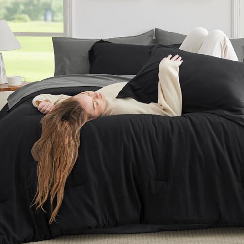 Image of Bedsure Twin Comforter Set - 5 Pieces Black Twin Bedding Set for All Seasons, Boho Contrasting Design Bed in a Bag with Comforter, Sheets, Pillowcase & Sham