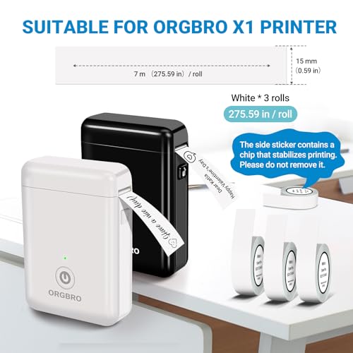 ORGBRO Etikettenband, Original Angepasstes X1 Thermodruck-Etikettenpapier 15mm×7m, Standard Kaschiertes Büro-Etikettenband-Ersatz, Selbstklebeetiketten, 3er Pack, Weiß