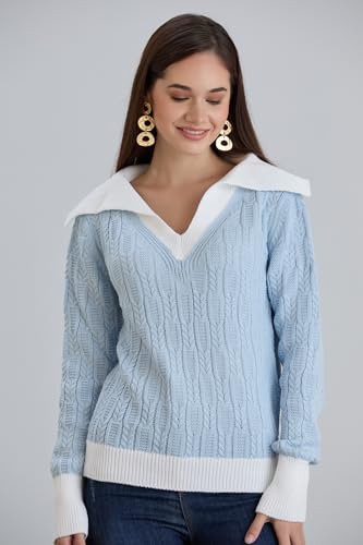 Image of Sweaters for Women Fashion Long Sleeve Lapel Collar V Neck Casual Knit Color Block Pullover Sweater