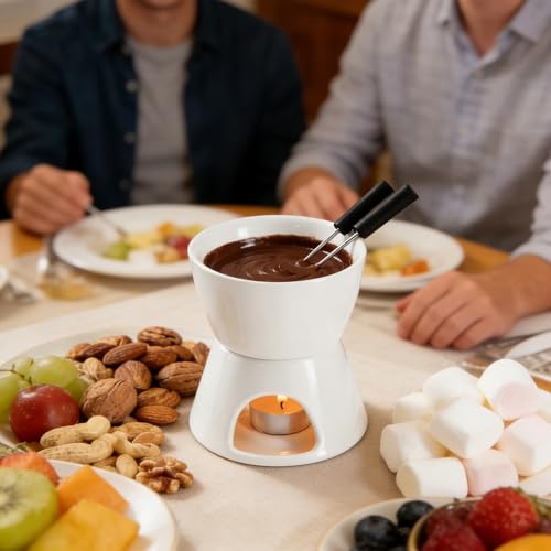 MZSX Keramik Schokofondue-Topf-Set, Käse Fondueset mit 1 Teelicht & 4 Gabeln Aus Rostfreiem Stahl, Mini Schokofondue Käsefondue Fondue Set, für Haus, Restaurant und Café