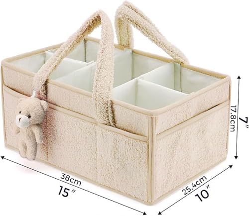 Baby Diaper Caddy Organizer with Sherpa Exterior & Teddy Charm for Nursery - Image 4