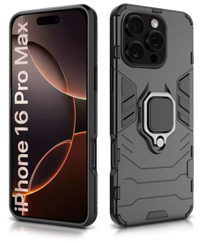 Image of WOW IMAGINE Shock Proof Back Case Mobile Cover for iPhone 16 Pro Max | Back Cover Case (Tough Armor | Hybrid PC + TPU | Ring Holder & in-Built Kickstand | Black)