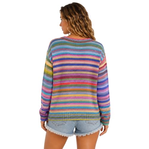 Sweater Cardigan Women Button Down Striped Rainbow Color Block Sweater - image 4