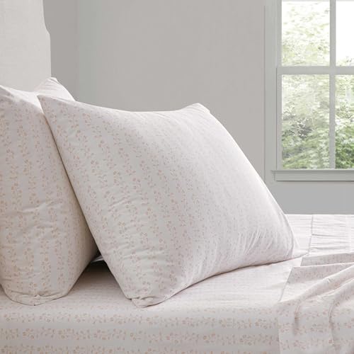Image of Martha Stewart - Twin Size Sheets Set, Crisp & Tailored Cooling Sheets w /a Naturally Smooth Cotton Percale Lightweight Feel - Bed Sheets with Matching Pillowcase & Fitted Sheet (Ditsy Vine Pink)
