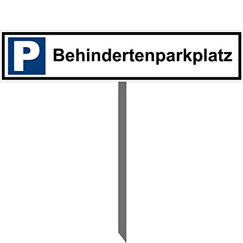 Kleberio® Parkplatz Schild 52 x 11 cm - Behindertenparkplatz - mit Einschlagpfosten 1 Meter (100cm) und Montagematerial stabile Aluminiumverbundplatte