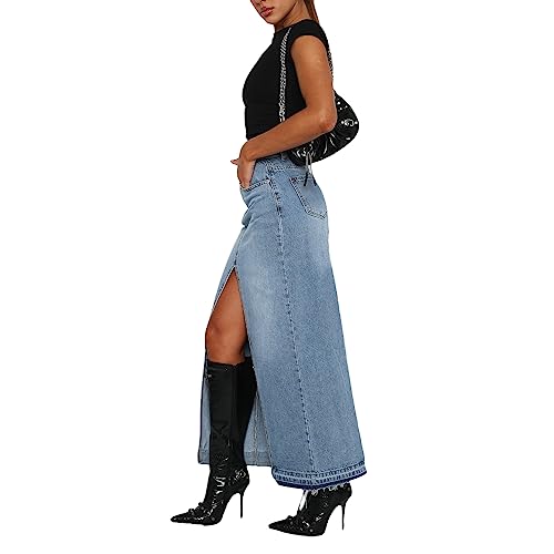 lisenraIn Women Long Denim Skirt Front Slit Maxi Skirt Y2K Fashion Streetwear High Waist Jean Skirt with Pockets4