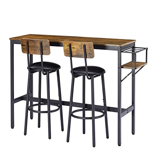 Calabash 3 Pieces Pub Table And Chair Set, Counter Height Dining Table Set With 2 Pu Stools And Folding Wine Rack, Industrial Wood Kitchen Table Set For Bistro, Living Room (Pu Stools+ Brown Table) #TOP6