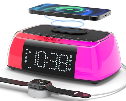 Alarm Clock with Wireless Charging, Digital Loud Alarm Clock with Sound Machine, Night Light, Bluetooth Speaker, Dimmable Bedside Clock Charger Station for iPhones Heavy Sleepers Adults Teens Bedrooms