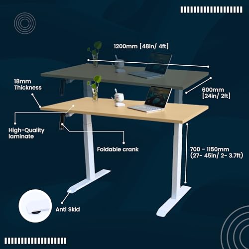 Image of Manual Height Adjustable Desk | 120x60 cm Sonoma Light Top, 18mm Thick | White Frame | 60kg Capacity | Smooth Hand Crank | 2-Year Warranty | Sturdy Steel Frame | Ergonomic Home & Office Use