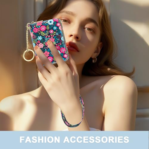 Image of Aiawoxc Credit Card Holder, Small RFID Wallet Slim Leather Card Organizer Case with Zipper and Wristlet Strap, Elegant Flowers