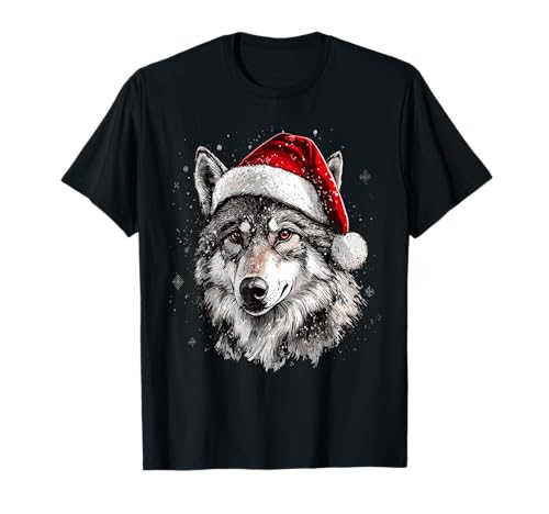 Wolf Santa Hat Funny Xmas Wolf Lovers Christmas Pajama T-Shirt