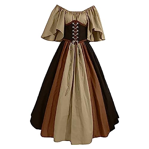 Vestido de Halloween para mujer, renacentista, medieval, vintage, talla grande, línea A, con cordones, vestido gótico, cintura atada, manga corta, vestidos de fiesta negros, café, M Vestido de Halloween para mujer, renacentista, medieval, vintage, talla grande, línea A, con cordones, vestido gótico, cintura atada, manga corta, vestidos de fiesta negros, café, M