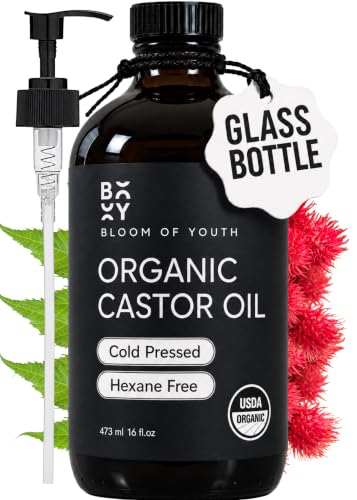 Bloom of Youth castor oil in dark amber glass bottle