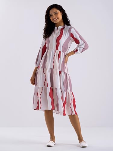 Image of AASK Women Diamond Creap Striped Printed Mandarin Collar Fit & Flare Dresss