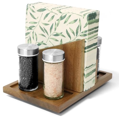 EVERBBKING Wooden Napkin Holder Rotating Napkin Dispenser with Spice shaker Caddy Large capacity for Table, Kitchen Countertop, Dining Table Decor (Natutal)