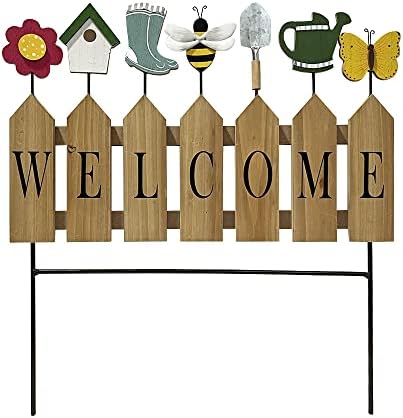 Liphontcta Welcome Fence Sign Yard Stake Farmhouse Wooden Decorative Flower Bee Butterfly Galoshes Shovel Bird House Kettle Sign Outdoor Decor for Garden Lawn Path Patio Pathway (18.1"X17.13")