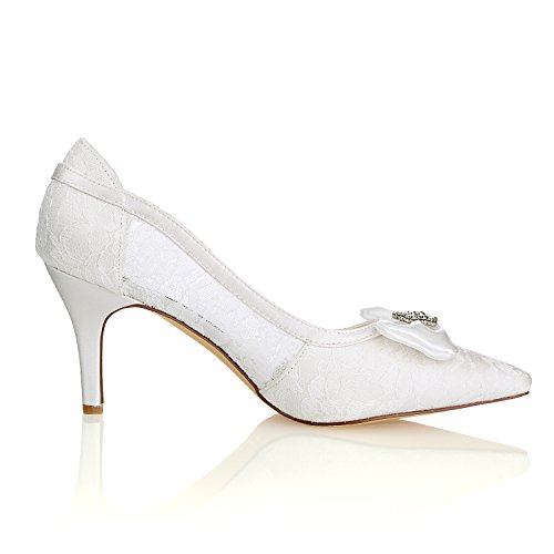 Emily Bridal Lace Wedding Shoes Ivory Pointed Toe Bow Rhinestones Slip on Bridal Shoes3