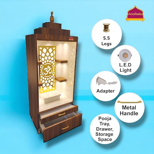 Image of Wooden Mandir, Designer Mandir for Home, Office, Golden Jali, White Colour, 18 mm Board (Brown)