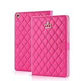 Topwin Crown Design Case for iPad 9.7 2018 2017/ iPad Air 2 / iPad Air, Bling Cute Elegant PU Leather Smart Auto Sleep/Wake Stand Shockproof Case for Apple iPad 5th/6th (Rose Red)