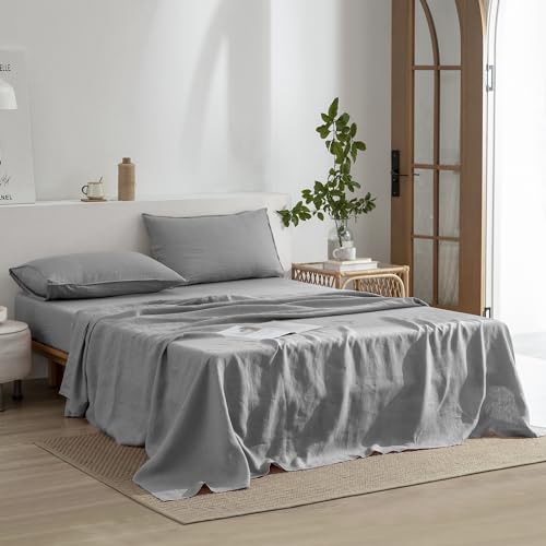 EVERLY Linen Sheets Set King Size,100% French Stonewash Pure Linen Sheets Set,4Pieces (1Flat Sheet,1Fitted Sheet,2Pillowcase) Suitable for Hot Sleepers,Deep Pocket Natural Bedding Set-Light Grey