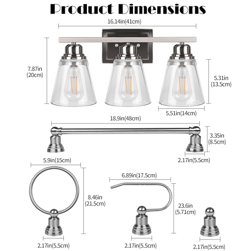 Image of Brushed Nickel 3 Light Bathroom Vanity Light Set,5 Piece Brushed Nickel Bathroom Light Accessories Set,Brushed Nickle 3 Light Bathroom Vanity Fixture with Hardware Set