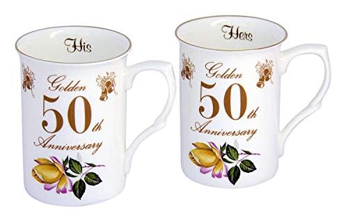 heritage Pair of 50th (Golden) China Wedding Anniversary Mugs