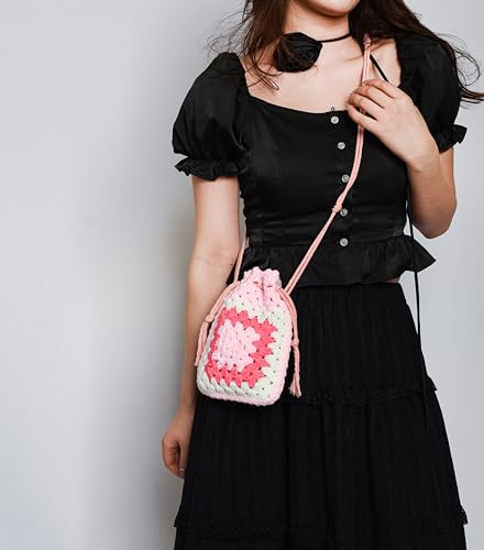 Handmade Crochet Crossbody Bag for Women Woven Shoulder Handbag Purse Drawstring Phone Bag2
