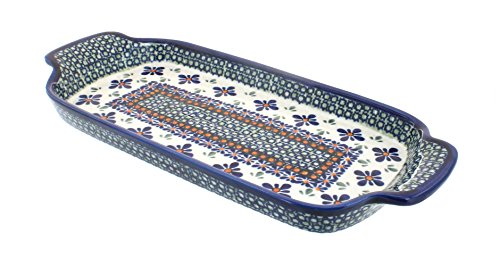 Blue Rose Polish Pottery - Green Mosaic Flower Bread Tray with Handles - 13.25" Long - Beautiful Bread Tray for Dinner Parties, Very Durable & Dishwasher Safe