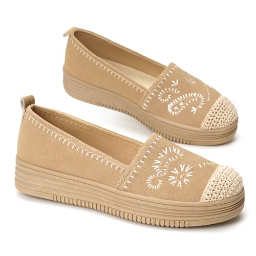 GLAMORA Bailarinas Mujer Manoletinas Merceditas Slip On Lona Zapatos Planos Plataforma Baja Zapatillas Casual Cómodas Primavera Verano Puntera Crochet Estilo Esparto con Detalle Bordado kaki-39