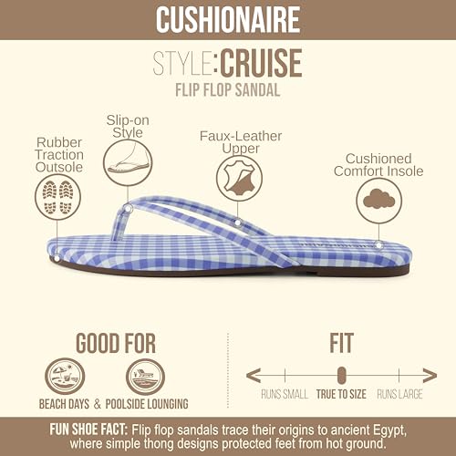 Image of CUSHIONAIRE Cruise Lightweight Womens Flip Flops, Comfortable Beach Sandals for Women with Cushioned Footbed & Flexible Slip On Design