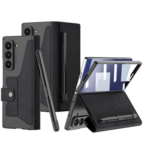 Étui Galaxy Z Fold 7 en cuir noir motif lychee avec portefeuille intégré
