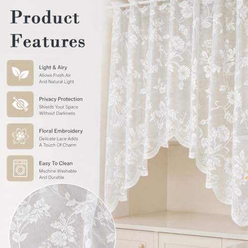 Image of HASTHIP Lace Arched Sheer Curtain Embroidered Rod Pocket Tier | Lightweight and breathable, delicate lace embroidery pattern and machine washable for easy daily maintenance