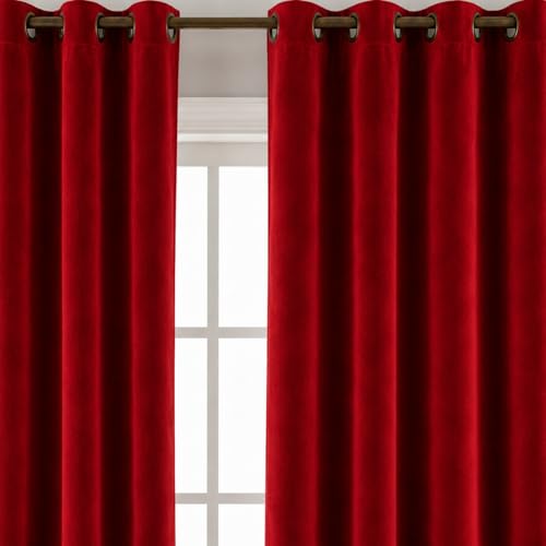 Image of Amazon Brand - Solimo Velvet Curtain Set of 2 (52x96 Inch) Plain Door & Window Curtains for Living Room & Bedroom |75% Light Blocking, Eyelet Curtains for Home Decor in Red Color (4 feet x 8 feet)
