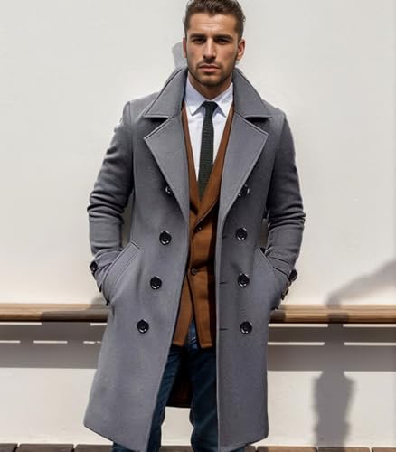 Image of FTIMILD Mens Wool Blend Pea Coat Warm Winter Trench Coat Notched Lapel Double Breasted Overcoat