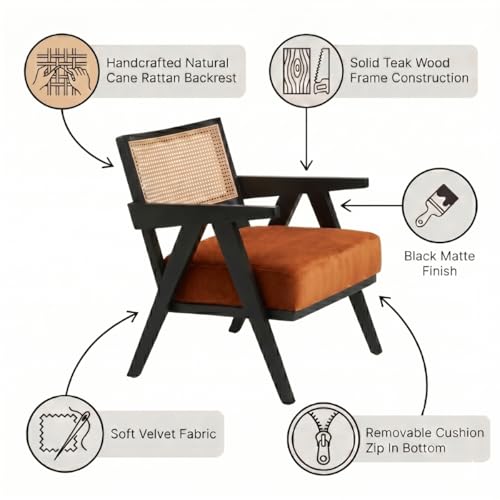 Image of Kingsman Furnitures ABEL Rattan Teak Wood Accent Arm Chair for Home Bedroom, Living, Drawing Room | Ultra Soft Comfortable for Stress Free | Removable Cushion (Black Natural Cane Burnt Orange Velvet)