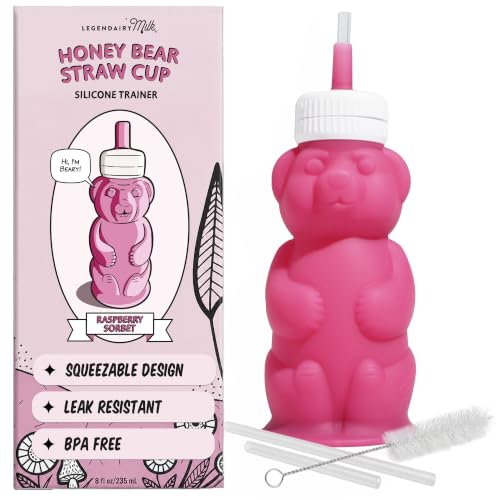 Legendairy Milk Honey Bear Straw Cup for Baby & Toddler Silicone Squeeze Training Straw Cup Leak Resistant Baby Sippy Cup with Straw BPA Free Dishwasher Safe Bottle Transition 8 oz Pink