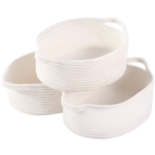 OUTBROS Lot de 3 Panier Rangement Tissé en Corde Coton, Boite Salle de Bain, Corbeille Caisse, Décoration Organisateur pour Salon Chambre à Coucher (Blanc)