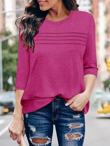 KISSMODA Women's Casual 3/4 Sleeve T-Shirts Round Neck Cute Tunic Tops Basic/Pleated Summer Tops Trendy Spring Blouses
