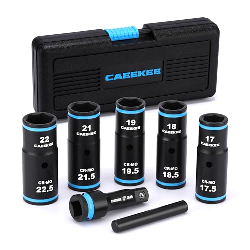 CaeeKee 1/2 Drive Lug Nut Impact Socket Set 7PCS Thin Wall Flip Socket Set Half Size Metric Wheel Socket Set 17.5mm 18.5mm 19.5mm 21.5mm 22.5mm 6 Point CR-MO 3 Extension Bar & Knockout Bar