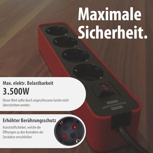 Brennenstuhl Ecolor Steckdosenleiste 4-Fach (Mehrfachsteckdose mit Schalter und 1,5m Kabel) rot/schwarz