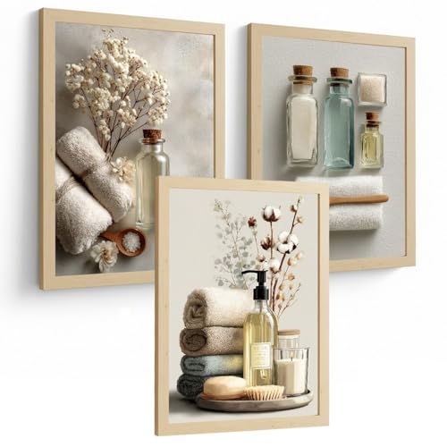 Nacnic Juego De 3 Laminas Decorativas Para Baño Cuadros Y Poster Para Pared Lavabo Ducha Wc Y Aseo Con Botellas Sales Y Toallas Estilo Natural Moderno A4 Marco Madera Clara