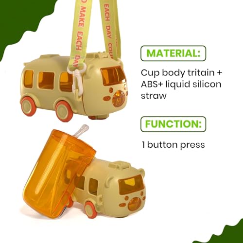 Image of PLUSPOINT Bus Water Bottle for Kids Detachable Straw Water Cup with Shoulder Strap Leak-Proof Kids Drink Cup Cute Cartoon Water Jug Toy with Wheels Toddler Water Bottle for Boys and Girls