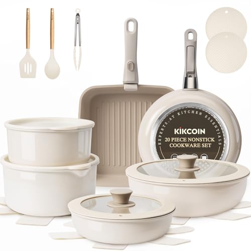 KIKCOIN Nonstick Pots and Pans Set, 22 Pack Ceramic Cookware Set with Detachable Handle, Induction RV Kitchen Cooking Set with Removable Handle, Fryin