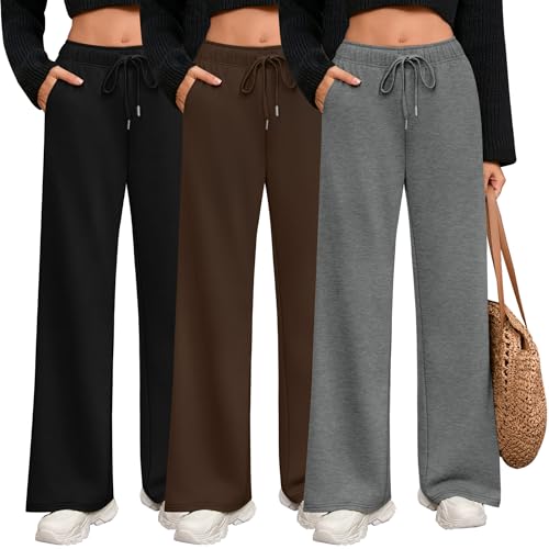 La Mejor Recopilación de Pantalones de Moda para Dama los mejores 5. 48 Riyiper - Paquete de 3 pantalones deportivos de pierna ancha para mujer, pantalones rectos con cordón y cintura elástica, pantalones deportivos con parte inferior abierta con...